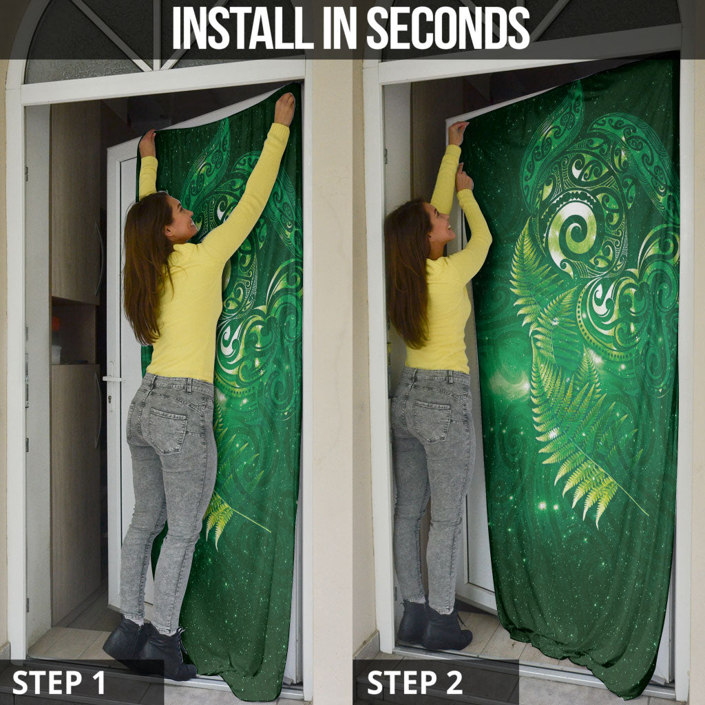 Aotearoa New Zealand New Year Door Cover Tribal Koru Tattoo Green Galaxy Maori Silver Fern