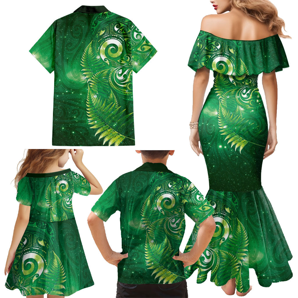 Aotearoa New Zealand New Year Family Matching Mermaid Dress and Hawaiian Shirt Tribal Koru Tattoo Green Galaxy Maori Silver Fern