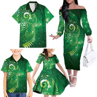 Aotearoa New Zealand New Year Family Matching Off The Shoulder Long Sleeve Dress and Hawaiian Shirt Tribal Koru Tattoo Green Galaxy Maori Silver Fern