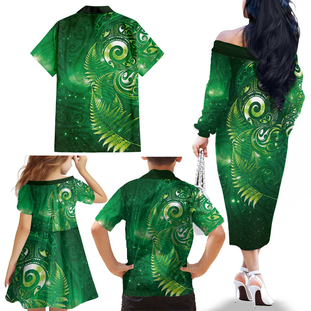 Aotearoa New Zealand New Year Family Matching Off The Shoulder Long Sleeve Dress and Hawaiian Shirt Tribal Koru Tattoo Green Galaxy Maori Silver Fern