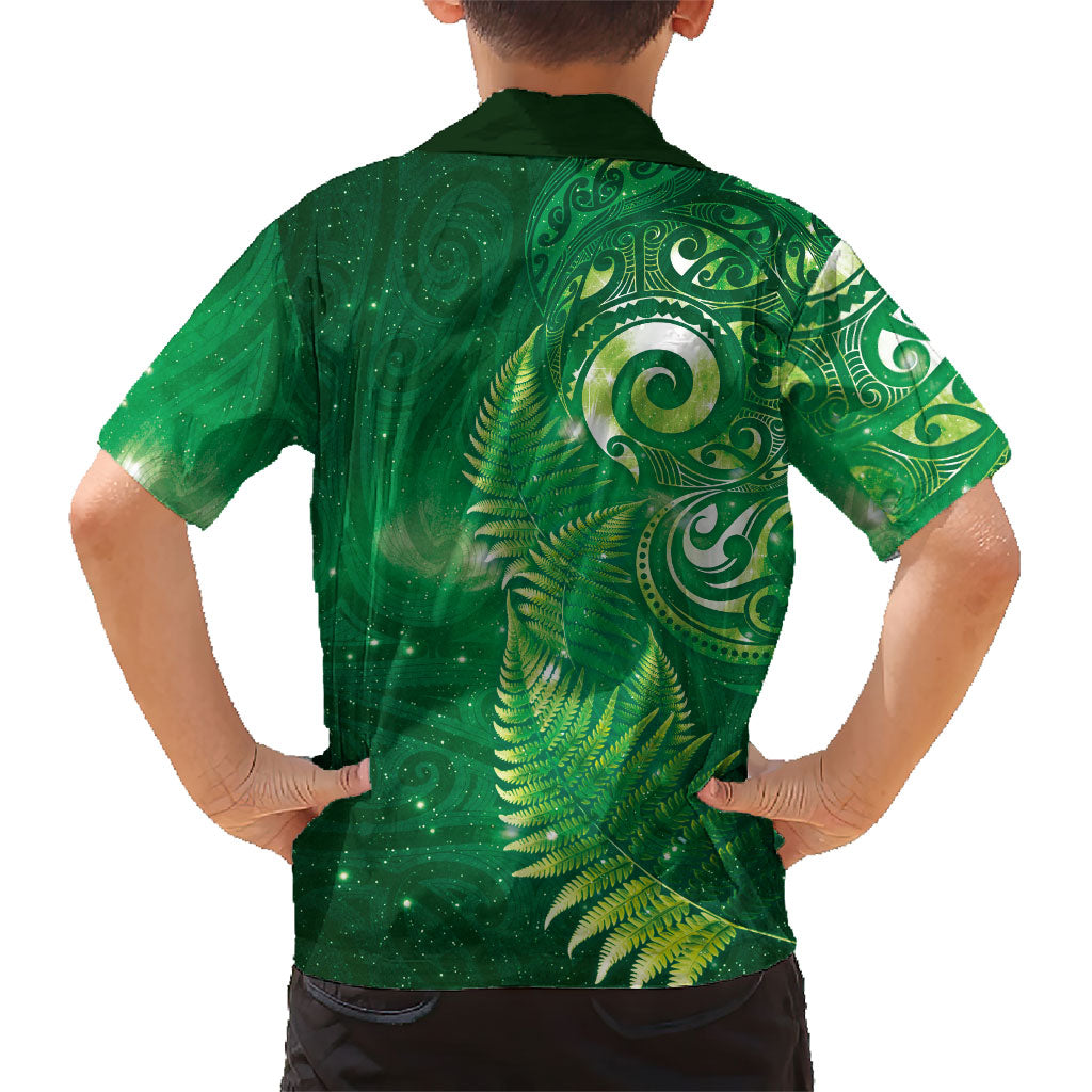 Aotearoa New Zealand New Year Family Matching Off Shoulder Maxi Dress and Hawaiian Shirt Tribal Koru Tattoo Green Galaxy Maori Silver Fern LT03 - Polynesian Pride