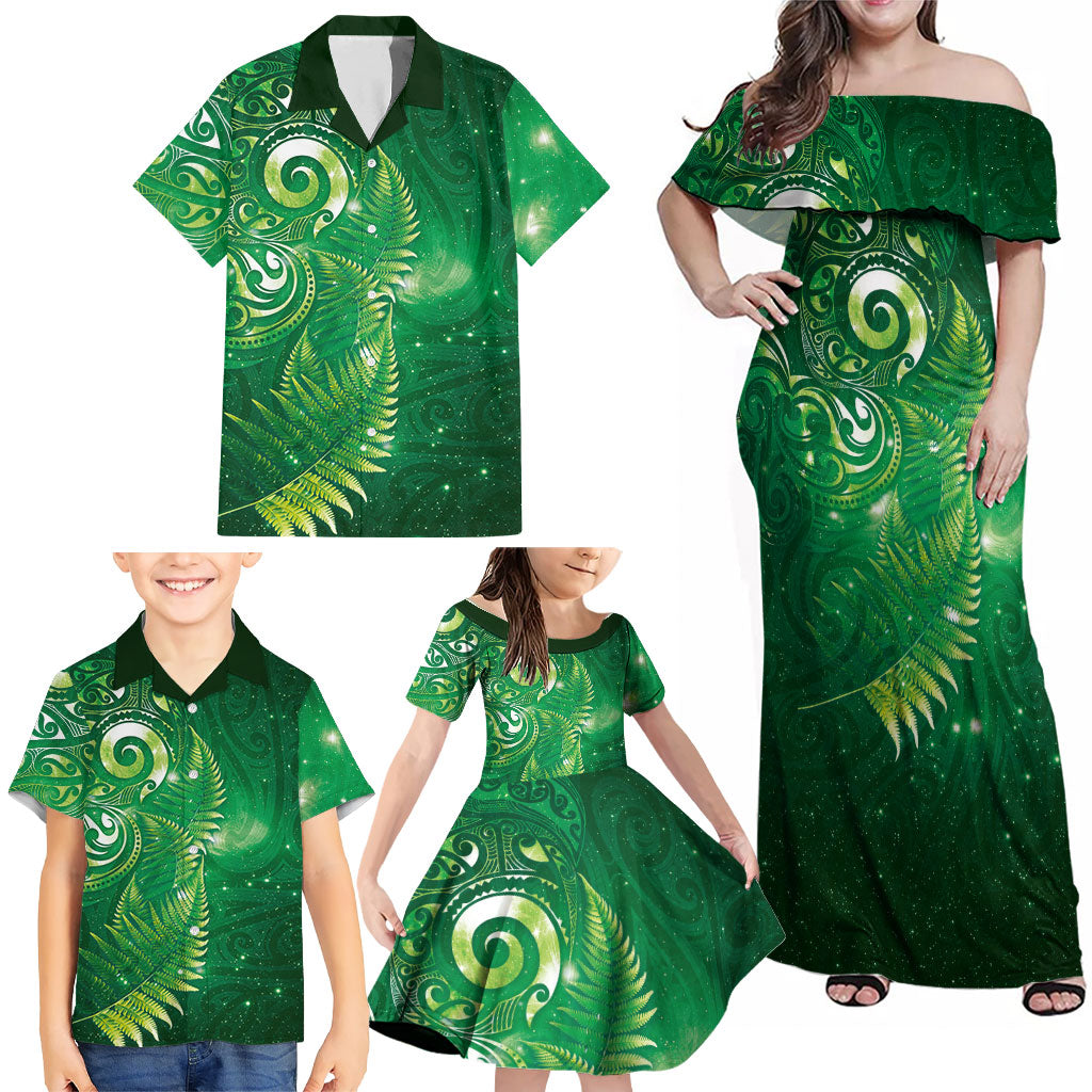 Aotearoa New Zealand New Year Family Matching Off Shoulder Maxi Dress and Hawaiian Shirt Tribal Koru Tattoo Green Galaxy Maori Silver Fern LT03 - Polynesian Pride