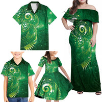 Aotearoa New Zealand New Year Family Matching Off Shoulder Maxi Dress and Hawaiian Shirt Tribal Koru Tattoo Green Galaxy Maori Silver Fern LT03 - Polynesian Pride