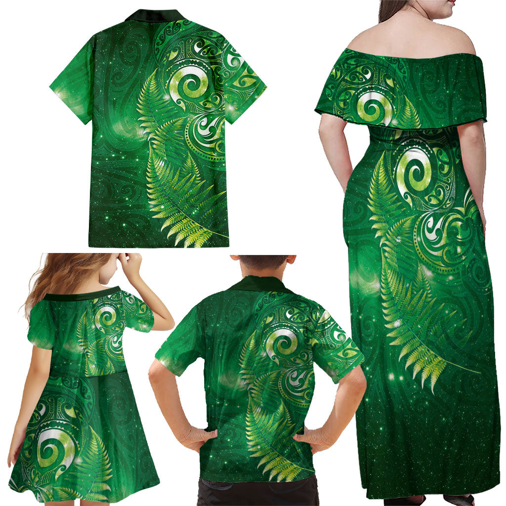 Aotearoa New Zealand New Year Family Matching Off Shoulder Maxi Dress and Hawaiian Shirt Tribal Koru Tattoo Green Galaxy Maori Silver Fern LT03 - Polynesian Pride