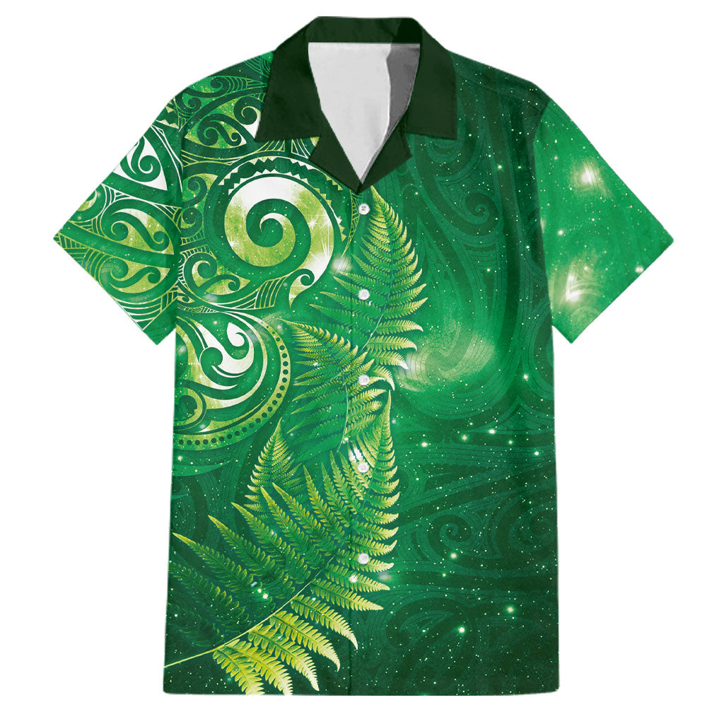 Aotearoa New Zealand New Year Family Matching Off Shoulder Maxi Dress and Hawaiian Shirt Tribal Koru Tattoo Green Galaxy Maori Silver Fern LT03 Dad's Shirt - Short Sleeve Green - Polynesian Pride