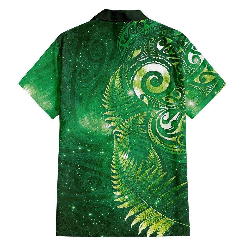 Aotearoa New Zealand New Year Family Matching Off Shoulder Maxi Dress and Hawaiian Shirt Tribal Koru Tattoo Green Galaxy Maori Silver Fern LT03 - Polynesian Pride