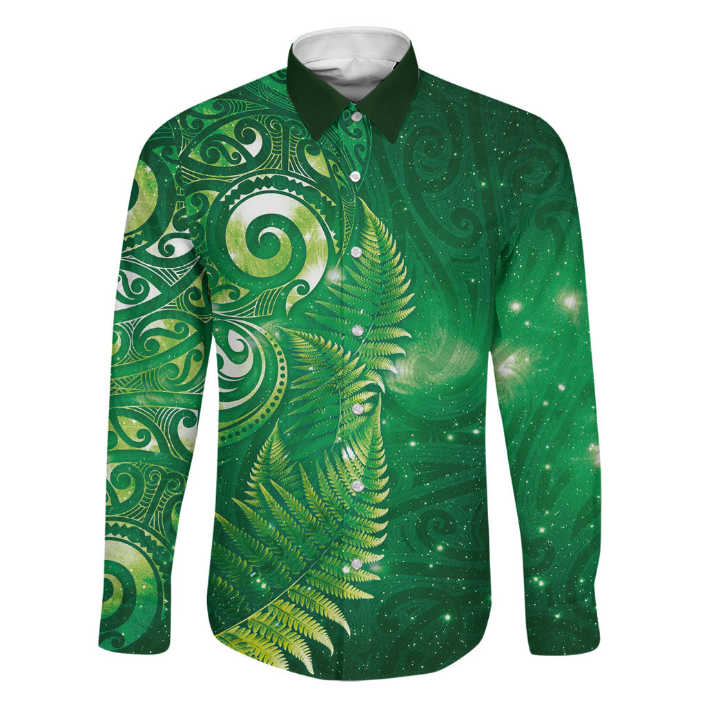 Aotearoa New Zealand New Year Family Matching Off Shoulder Maxi Dress and Hawaiian Shirt Tribal Koru Tattoo Green Galaxy Maori Silver Fern LT03 Dad's Shirt - Long Sleeve Green - Polynesian Pride