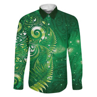 Aotearoa New Zealand New Year Family Matching Off Shoulder Maxi Dress and Hawaiian Shirt Tribal Koru Tattoo Green Galaxy Maori Silver Fern LT03 Dad's Shirt - Long Sleeve Green - Polynesian Pride
