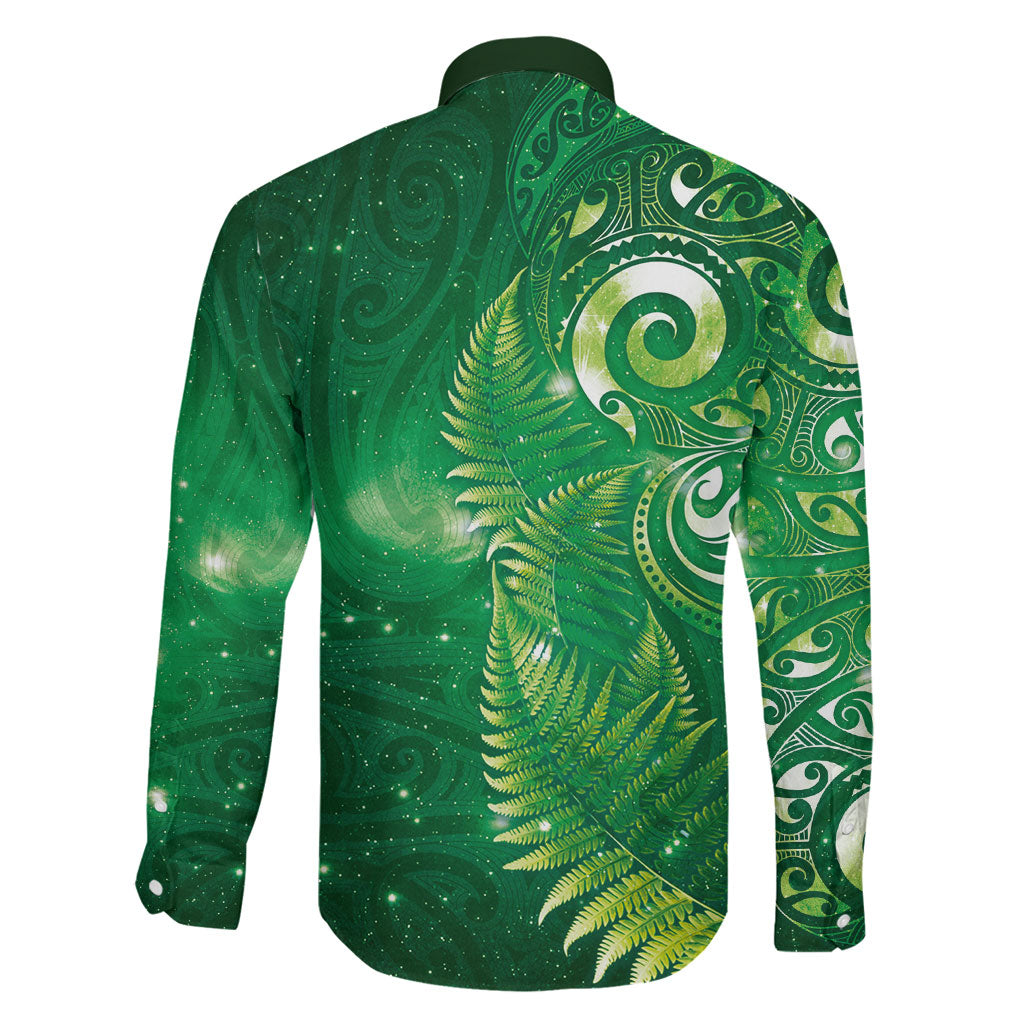 Aotearoa New Zealand New Year Family Matching Off Shoulder Maxi Dress and Hawaiian Shirt Tribal Koru Tattoo Green Galaxy Maori Silver Fern LT03 - Polynesian Pride