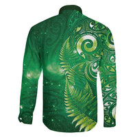 Aotearoa New Zealand New Year Family Matching Off Shoulder Maxi Dress and Hawaiian Shirt Tribal Koru Tattoo Green Galaxy Maori Silver Fern LT03 - Polynesian Pride