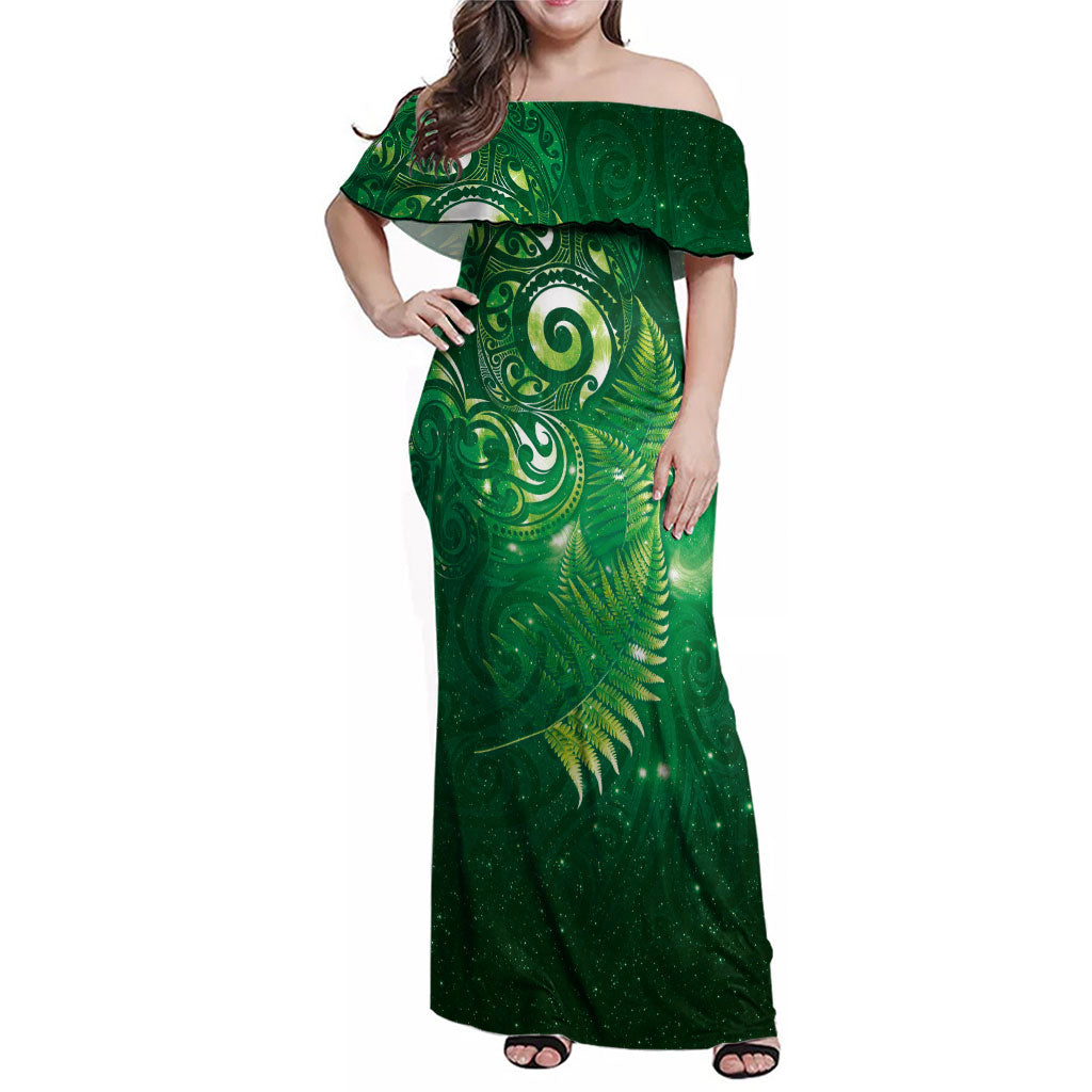 Aotearoa New Zealand New Year Family Matching Off Shoulder Maxi Dress and Hawaiian Shirt Tribal Koru Tattoo Green Galaxy Maori Silver Fern LT03 Mom's Dress Green - Polynesian Pride