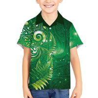 Aotearoa New Zealand New Year Family Matching Off Shoulder Maxi Dress and Hawaiian Shirt Tribal Koru Tattoo Green Galaxy Maori Silver Fern LT03 Son's Shirt Green - Polynesian Pride