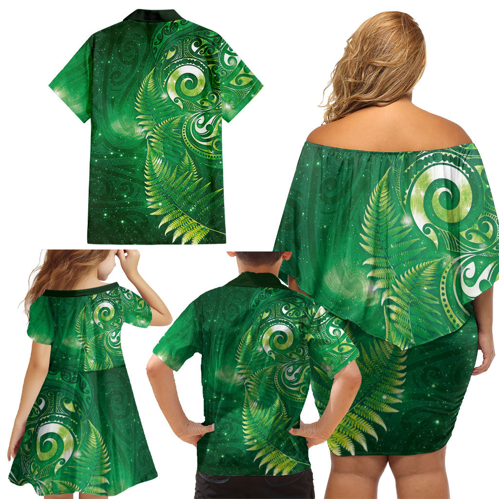 Aotearoa New Zealand New Year Family Matching Off Shoulder Short Dress and Hawaiian Shirt Tribal Koru Tattoo Green Galaxy Maori Silver Fern