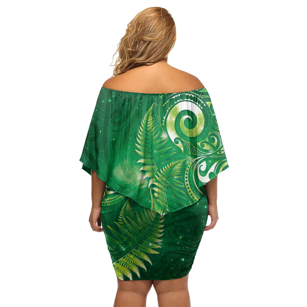 Aotearoa New Zealand New Year Family Matching Off Shoulder Short Dress and Hawaiian Shirt Tribal Koru Tattoo Green Galaxy Maori Silver Fern