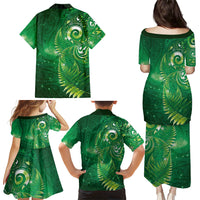Aotearoa New Zealand New Year Family Matching Puletasi and Hawaiian Shirt Tribal Koru Tattoo Green Galaxy Maori Silver Fern