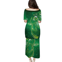 Aotearoa New Zealand New Year Family Matching Puletasi and Hawaiian Shirt Tribal Koru Tattoo Green Galaxy Maori Silver Fern