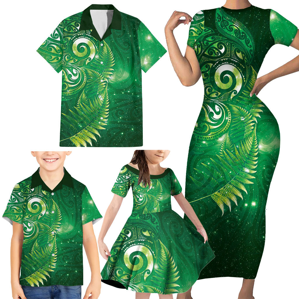 Aotearoa New Zealand New Year Family Matching Short Sleeve Bodycon Dress and Hawaiian Shirt Tribal Koru Tattoo Green Galaxy Maori Silver Fern