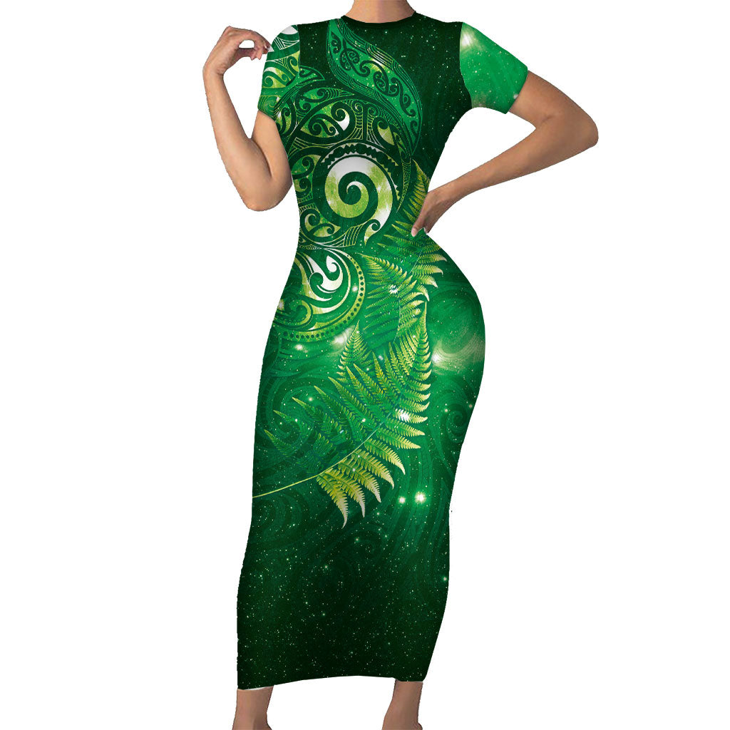 Aotearoa New Zealand New Year Family Matching Short Sleeve Bodycon Dress and Hawaiian Shirt Tribal Koru Tattoo Green Galaxy Maori Silver Fern