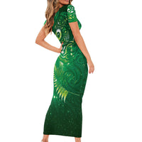Aotearoa New Zealand New Year Family Matching Short Sleeve Bodycon Dress and Hawaiian Shirt Tribal Koru Tattoo Green Galaxy Maori Silver Fern
