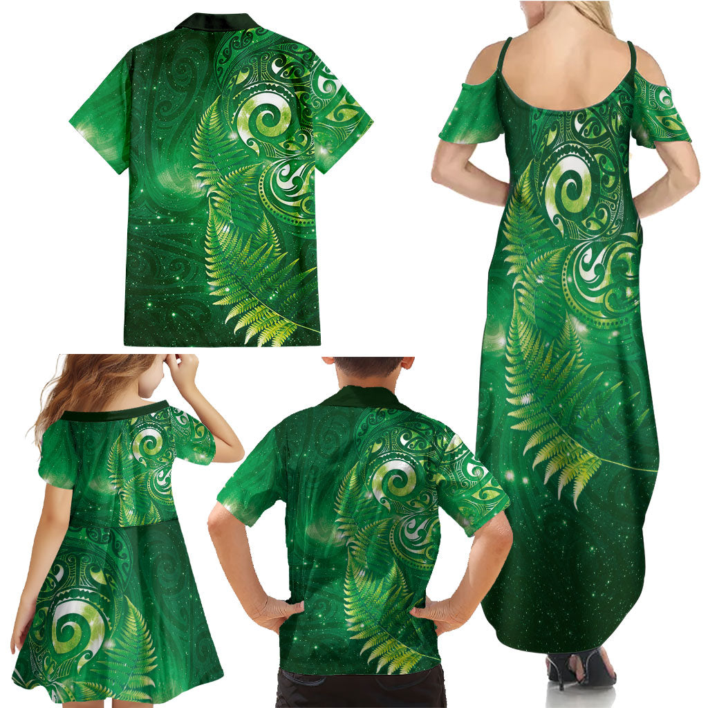 Aotearoa New Zealand New Year Family Matching Summer Maxi Dress and Hawaiian Shirt Tribal Koru Tattoo Green Galaxy Maori Silver Fern