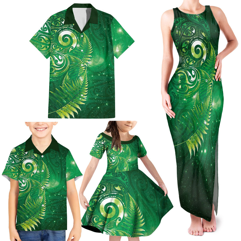 Aotearoa New Zealand New Year Family Matching Tank Maxi Dress and Hawaiian Shirt Tribal Koru Tattoo Green Galaxy Maori Silver Fern