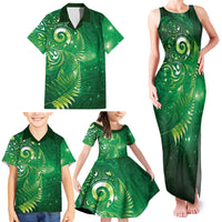 Aotearoa New Zealand New Year Family Matching Tank Maxi Dress and Hawaiian Shirt Tribal Koru Tattoo Green Galaxy Maori Silver Fern