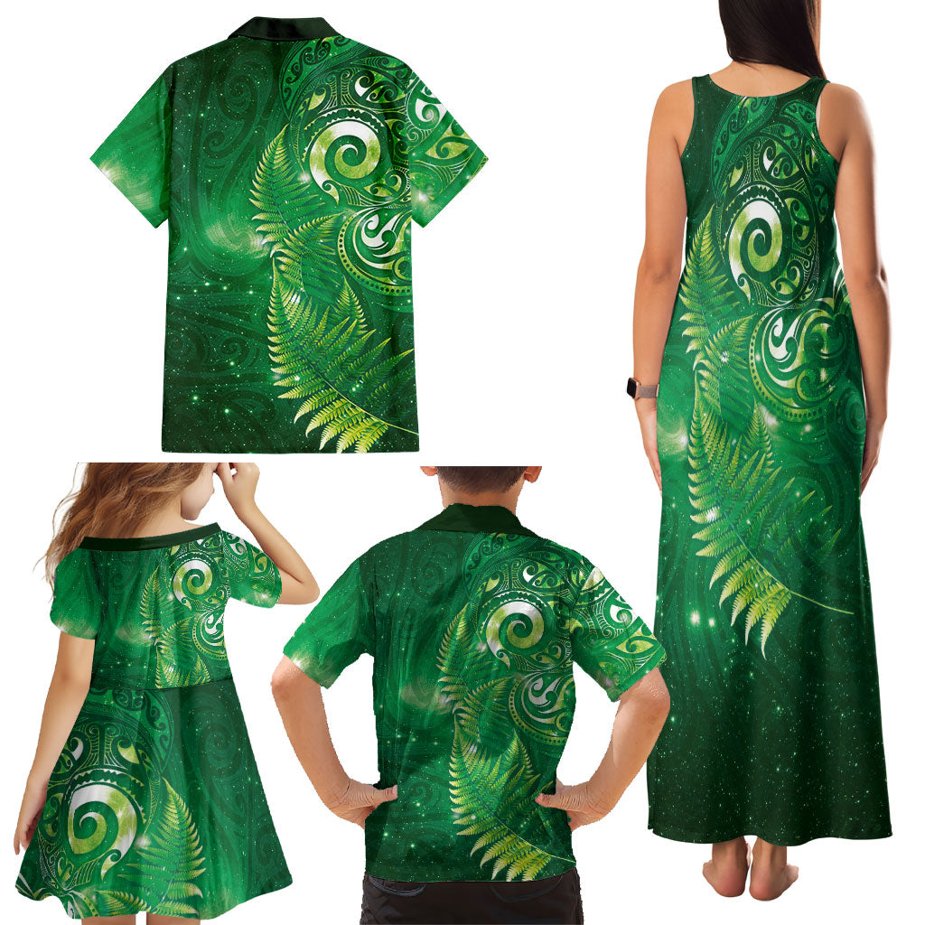 Aotearoa New Zealand New Year Family Matching Tank Maxi Dress and Hawaiian Shirt Tribal Koru Tattoo Green Galaxy Maori Silver Fern
