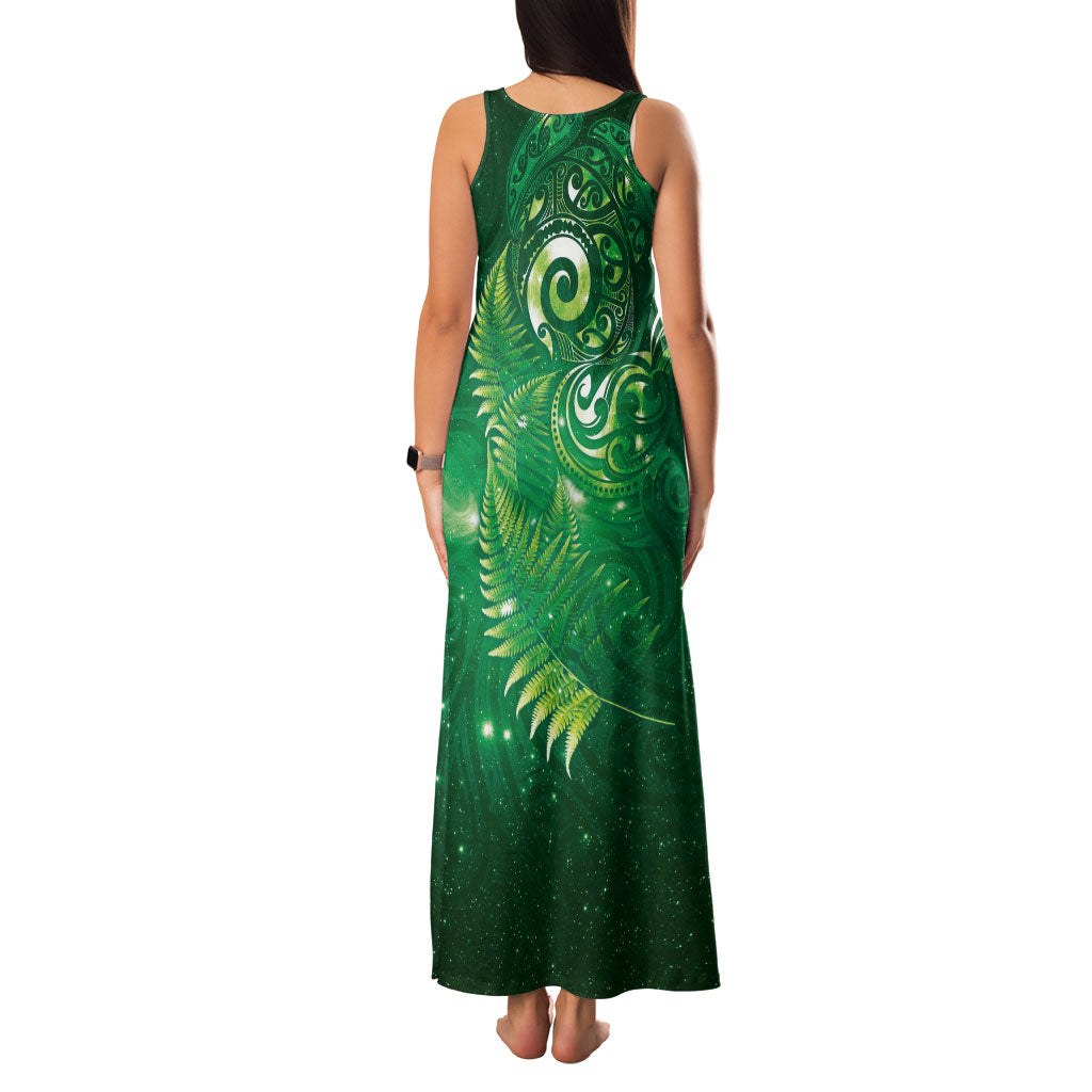 Aotearoa New Zealand New Year Family Matching Tank Maxi Dress and Hawaiian Shirt Tribal Koru Tattoo Green Galaxy Maori Silver Fern