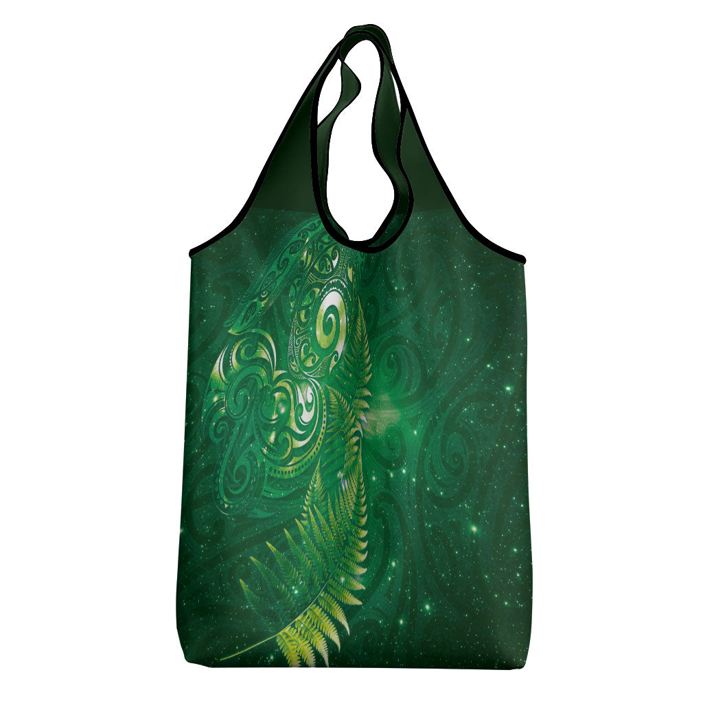 Aotearoa New Zealand New Year Grocery Bag Tribal Koru Tattoo Green Galaxy Maori Silver Fern