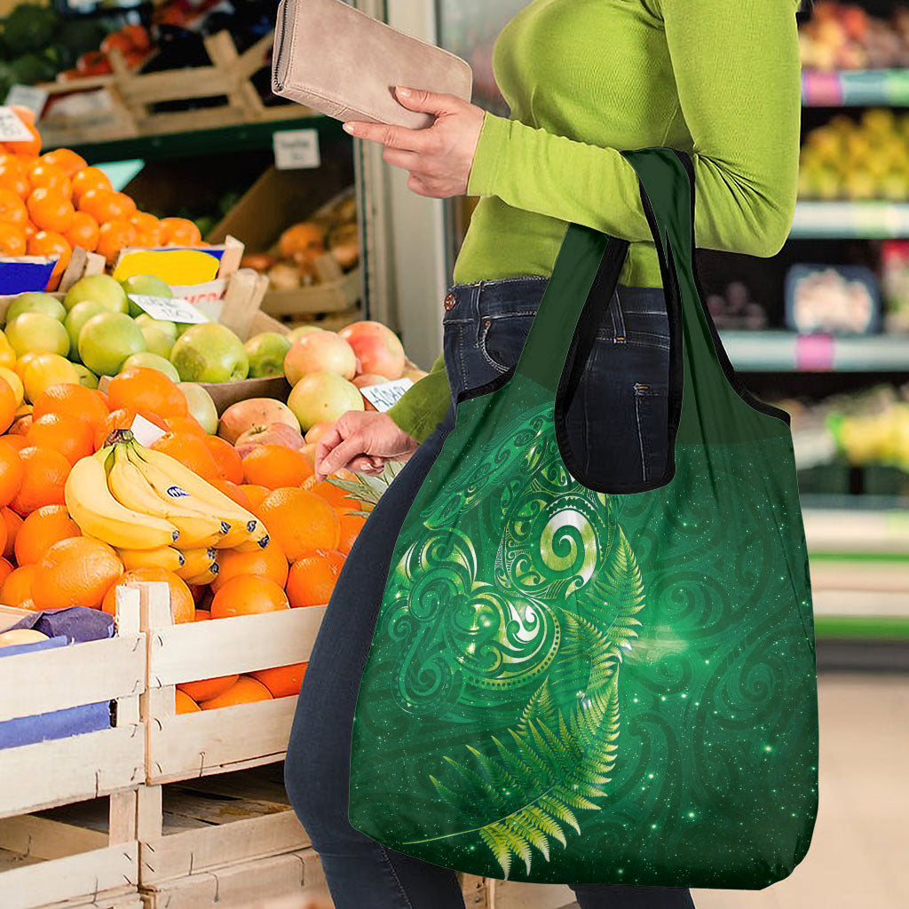 Aotearoa New Zealand New Year Grocery Bag Tribal Koru Tattoo Green Galaxy Maori Silver Fern