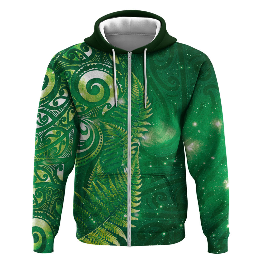 Aotearoa New Zealand New Year Hoodie Tribal Koru Tattoo Green Galaxy Maori Silver Fern