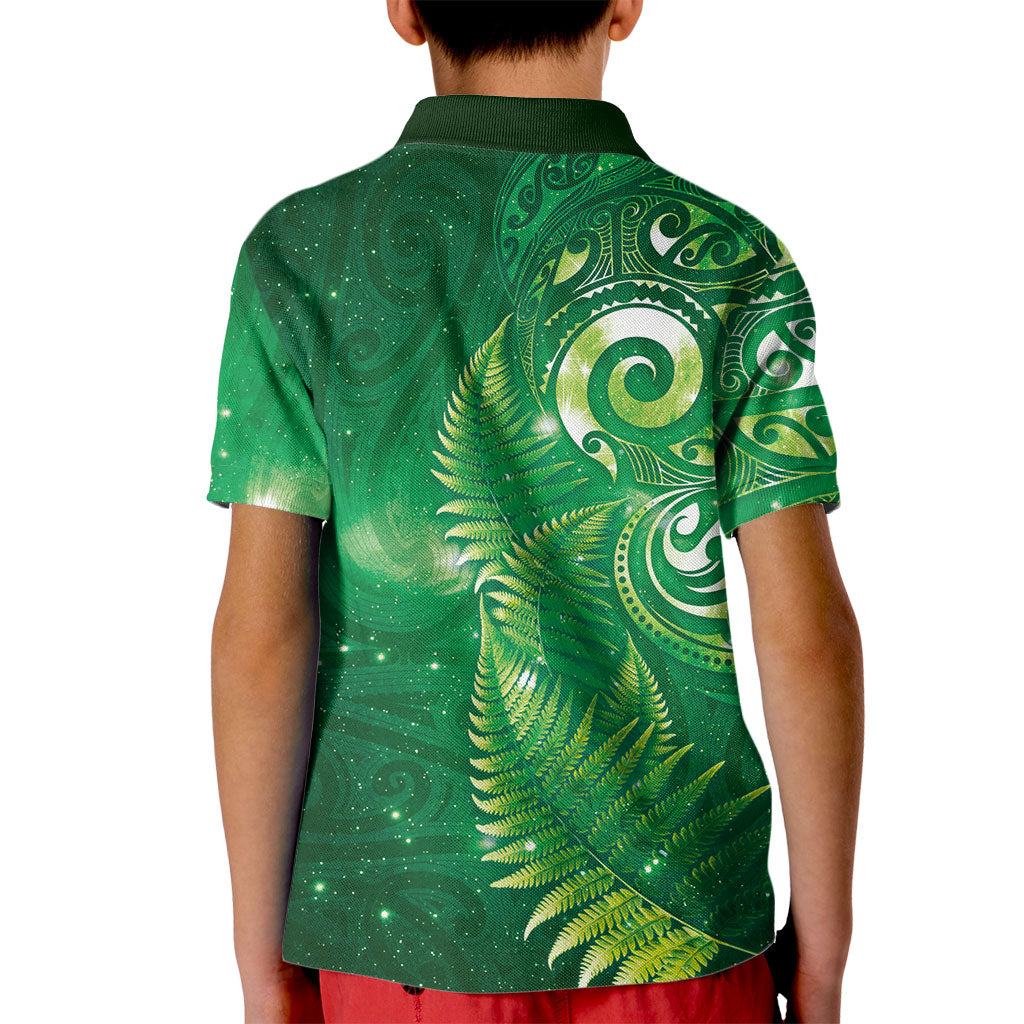 Aotearoa New Zealand New Year Kid Polo Shirt Tribal Koru Tattoo Green Galaxy Maori Silver Fern