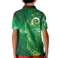 Aotearoa New Zealand New Year Kid Polo Shirt Tribal Koru Tattoo Green Galaxy Maori Silver Fern