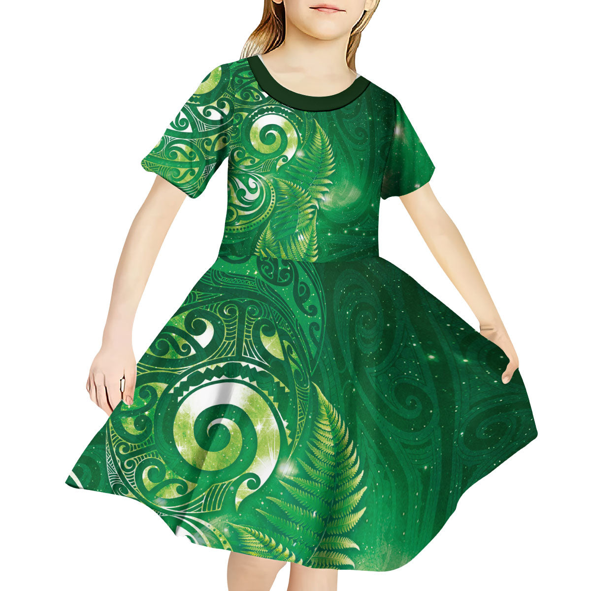 Aotearoa New Zealand New Year Kid Short Sleeve Dress Tribal Koru Tattoo Green Galaxy Maori Silver Fern