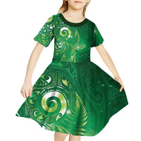 Aotearoa New Zealand New Year Kid Short Sleeve Dress Tribal Koru Tattoo Green Galaxy Maori Silver Fern
