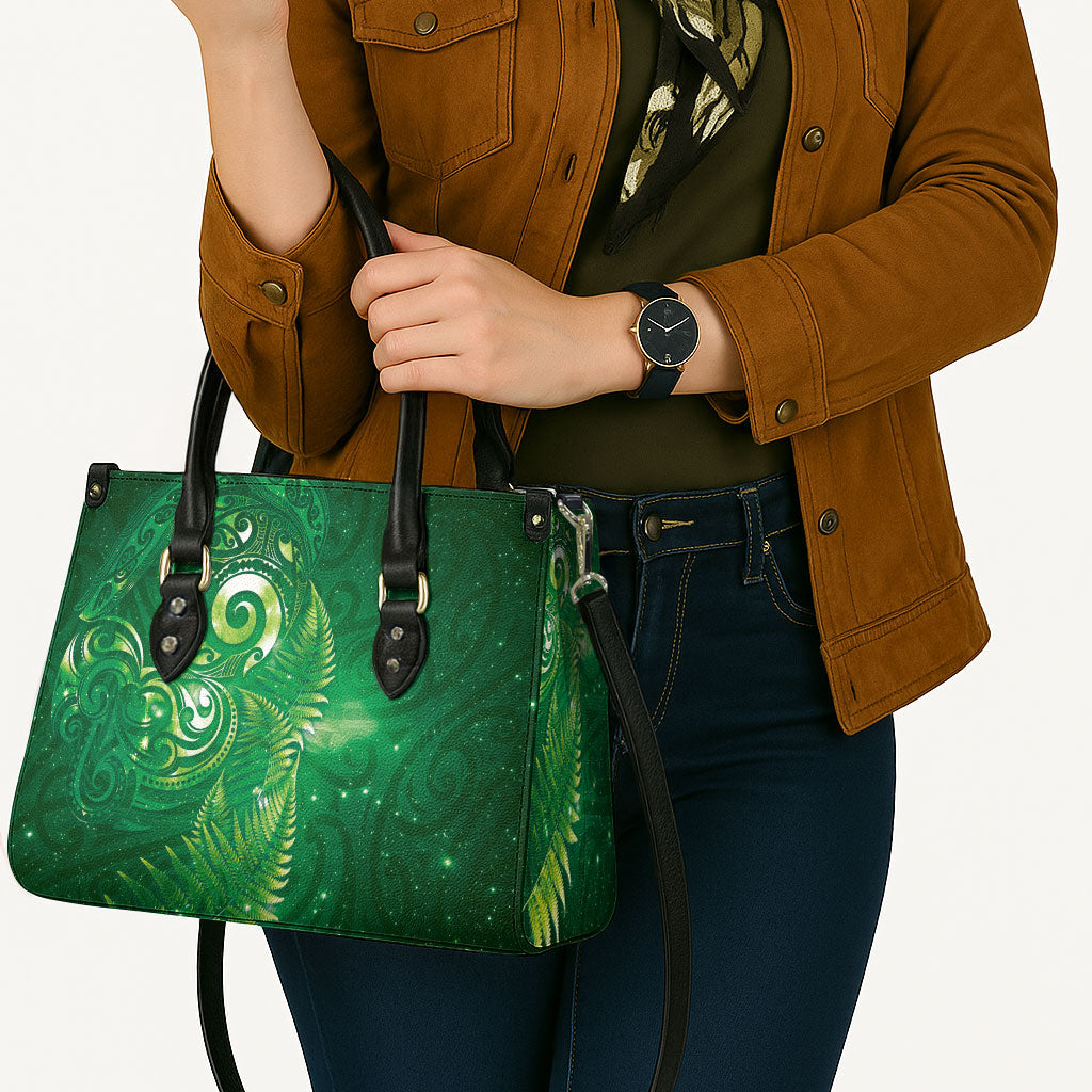 Aotearoa New Zealand New Year Leather Bag Tribal Koru Tattoo Green Galaxy Maori Silver Fern