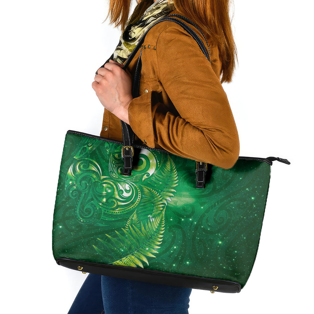 Aotearoa New Zealand New Year Leather Tote Bag Tribal Koru Tattoo Green Galaxy Maori Silver Fern LT03 Green - Polynesian Pride