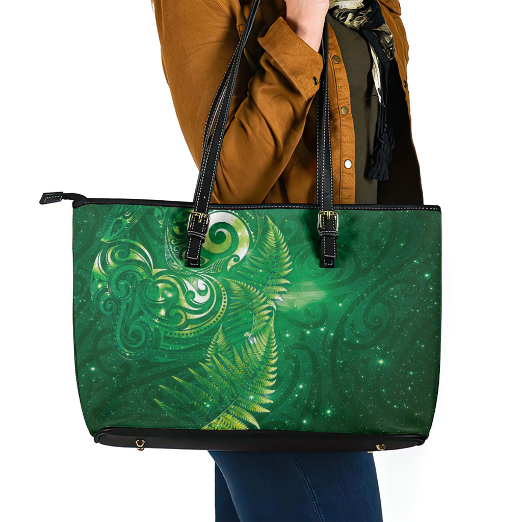 Aotearoa New Zealand New Year Leather Tote Bag Tribal Koru Tattoo Green Galaxy Maori Silver Fern LT03 - Polynesian Pride