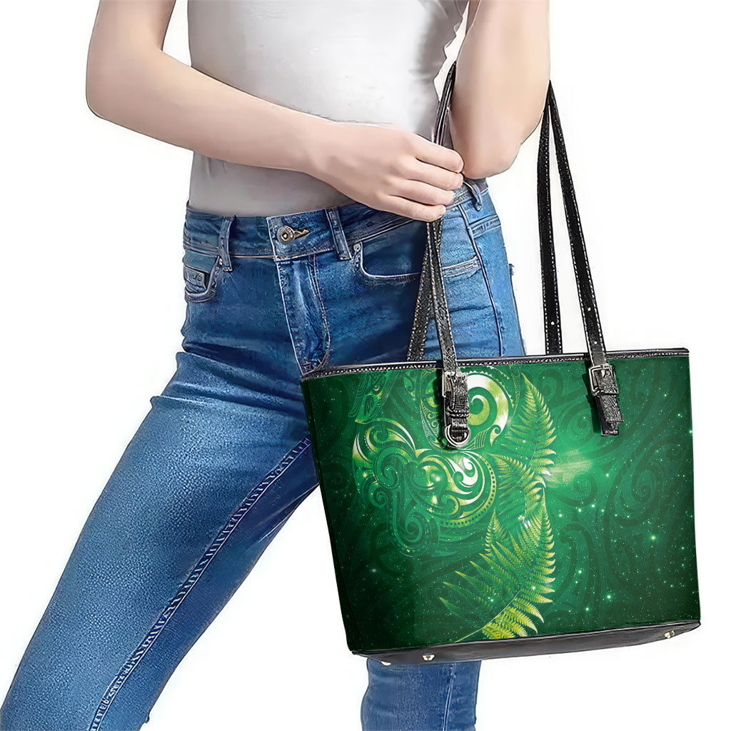 Aotearoa New Zealand New Year Leather Tote Bag Tribal Koru Tattoo Green Galaxy Maori Silver Fern LT03 - Polynesian Pride