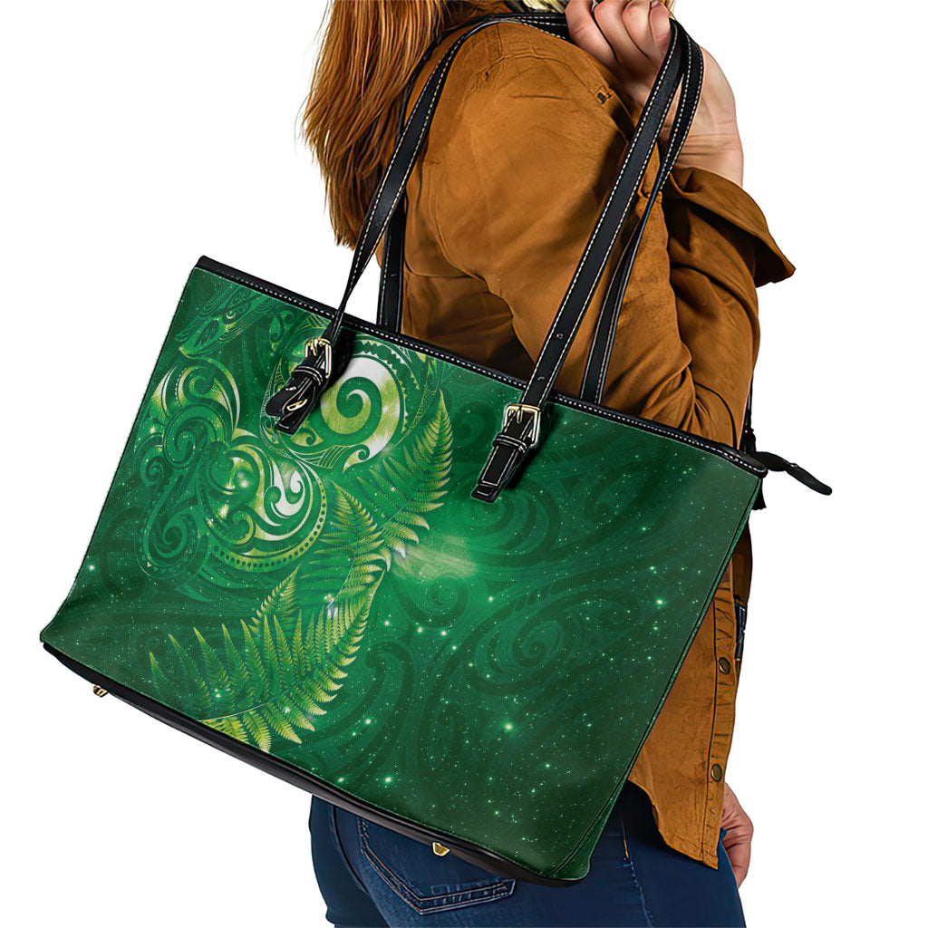 Aotearoa New Zealand New Year Leather Tote Bag Tribal Koru Tattoo Green Galaxy Maori Silver Fern LT03 - Polynesian Pride