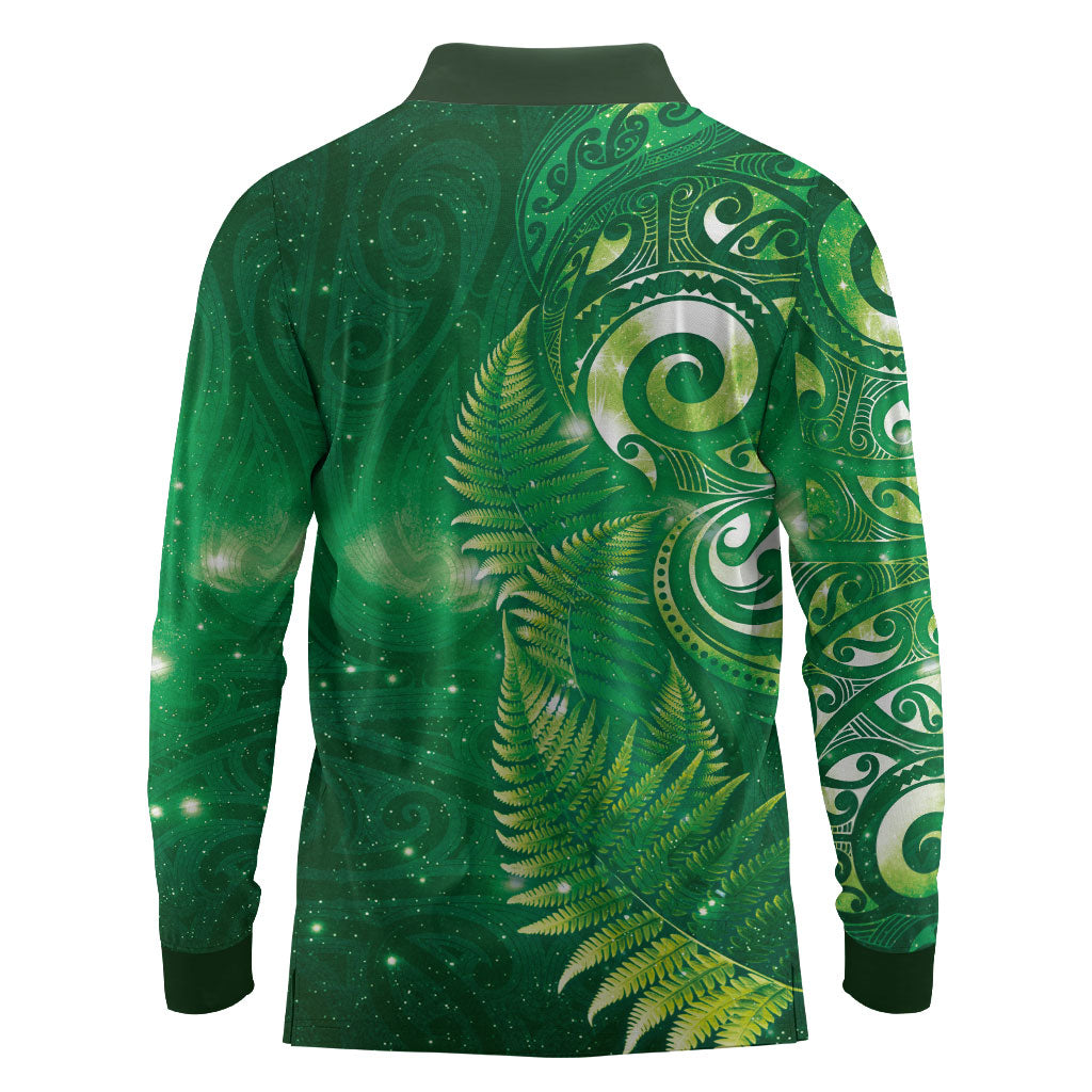 Aotearoa New Zealand New Year Long Sleeve Polo Shirt Tribal Koru Tattoo Green Galaxy Maori Silver Fern