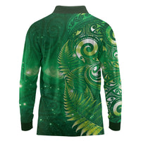 Aotearoa New Zealand New Year Long Sleeve Polo Shirt Tribal Koru Tattoo Green Galaxy Maori Silver Fern