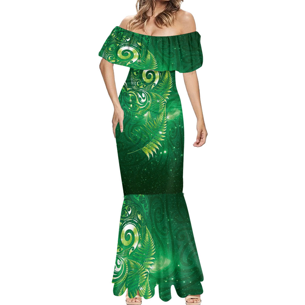 Aotearoa New Zealand New Year Mermaid Dress Tribal Koru Tattoo Green Galaxy Maori Silver Fern