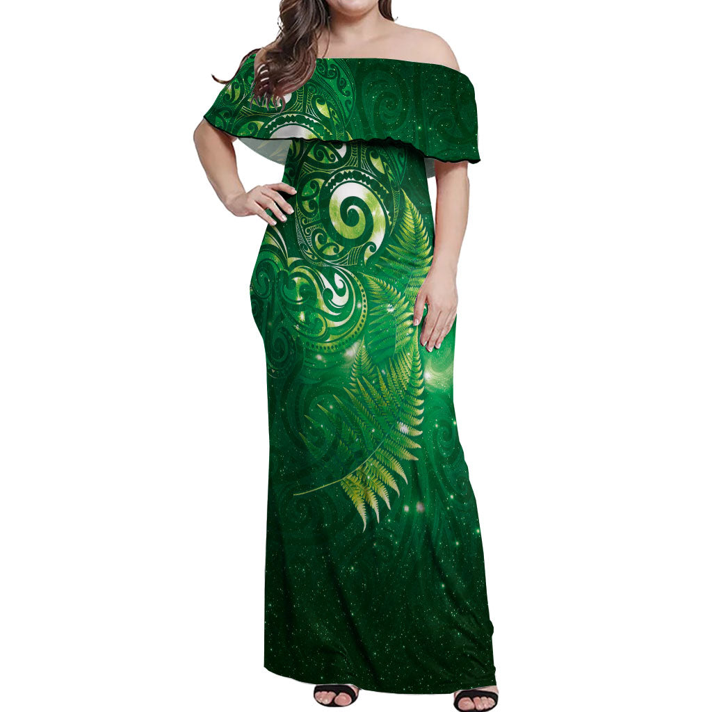 Aotearoa New Zealand New Year Off Shoulder Maxi Dress Tribal Koru Tattoo Green Galaxy Maori Silver Fern