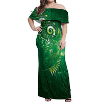 Aotearoa New Zealand New Year Off Shoulder Maxi Dress Tribal Koru Tattoo Green Galaxy Maori Silver Fern