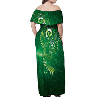 Aotearoa New Zealand New Year Off Shoulder Maxi Dress Tribal Koru Tattoo Green Galaxy Maori Silver Fern