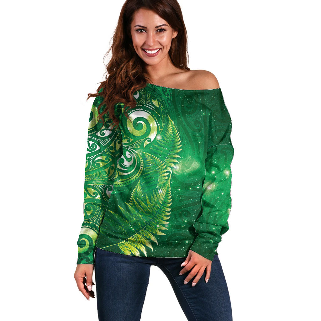 Aotearoa New Zealand New Year Off Shoulder Sweater Tribal Koru Tattoo Green Galaxy Maori Silver Fern