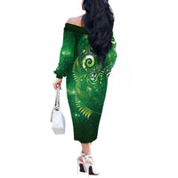 Aotearoa New Zealand New Year Off The Shoulder Long Sleeve Dress Tribal Koru Tattoo Green Galaxy Maori Silver Fern LT03 - Polynesian Pride