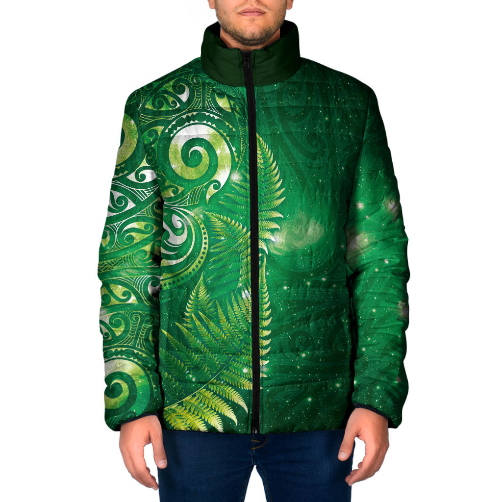 Aotearoa New Zealand New Year Padded Jacket Tribal Koru Tattoo Green Galaxy Maori Silver Fern