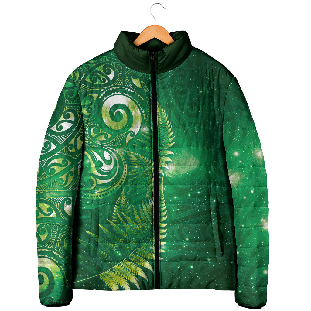 Aotearoa New Zealand New Year Padded Jacket Tribal Koru Tattoo Green Galaxy Maori Silver Fern